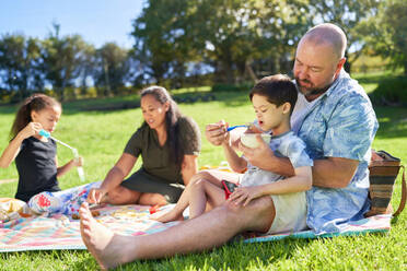 Father feeding cute son with Down Syndrome on picnic blanket - CAIF33946