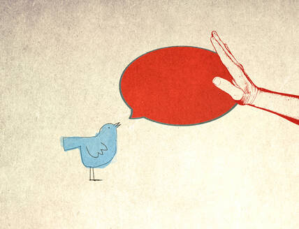 Illustration of hand blocking speech bubble of blue bird symbolizing social media - GWAF00216