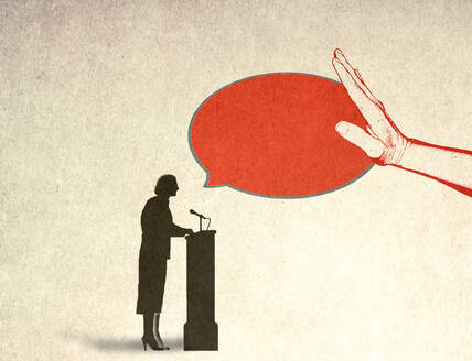 Illustration of hand blocking speech bubble of female speaker - GWAF00230