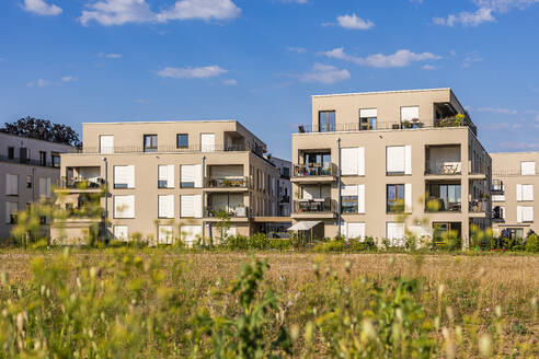 Deutschland, Baden-Württemberg, Fellbach, Vorstadtwohnungen mit Wiese im Vordergrund - WDF07324