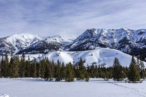USA, Idaho, Sun Valley, Snow-covered mountain peaks and trees - TETF02021