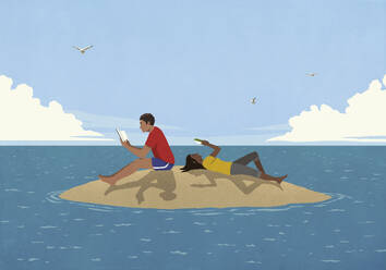 Couple reading books on sunny remote ocean island - FSIF06331