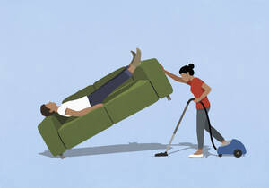 Wife vacuuming, lifting sofa with sleeping husband - FSIF06334