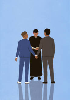 Priest marrying gay male couple holding hands on blue background - FSIF06341
