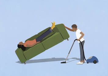 Husband vacuuming under wife sleeping on sofa at home - FSIF06344