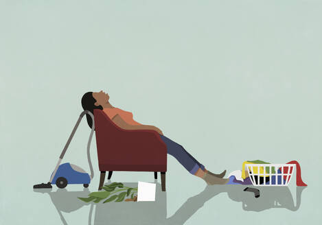 Exhausted woman sleeping in armchair in messy living room at home - FSIF06348