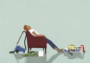 Exhausted man sleeping in armchair in messy living room at home - FSIF06350