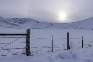 United States, Idaho, Bellevue, Snow covered rural land with fence - TETF02217