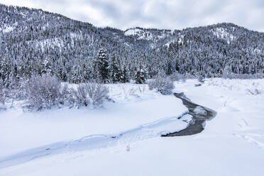 United States, Idaho, Ketchum, Winter landscape with river and mountains - TETF02218