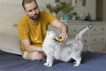 Mann bürstet Katze, die zu Hause auf dem Bett sitzt - ONAF00575