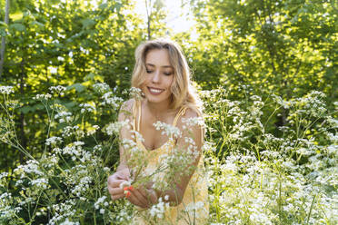 Beautiful woman picking flowers in forest - NDEF00912