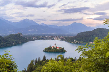 Slovenia, Upper Carniola, Bled, view on Bled Lake, Island with Church, Castle and mountain range - NDEF00957