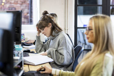 Young businesswoman reading document at desk in office - WPEF07487