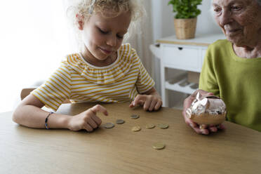 Granddaughter counting coins from piggy bank on table - SVKF01493