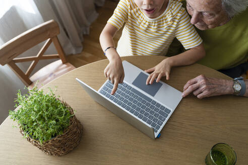 Granddaughter showing laptop to grandmother on table - SVKF01509