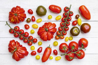 Different varieties of ripe tomatoes flat laid against white wooden surface - GWF07848