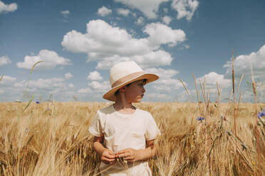 Nachdenklicher Junge inmitten von Weizenpflanzen auf einem Feld - VSNF01107