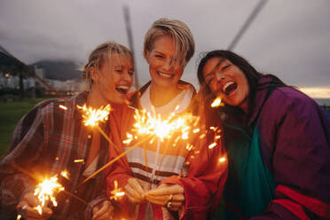 Group of friends celebrate and have fun in the park with bengal lights, sparklers, and laughter. Playful and cheerful, they light up the night with smiles that show their authentic friendship. This photo has intentional use of 35mm film grain. - JLPPF02302