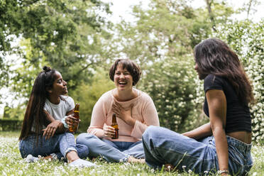 Fröhliche Freunde, die im Park lachen und Bier trinken - PBTF00016