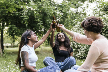 Glückliche multirassische Freunde stoßen im Park mit Bierflaschen an - PBTF00024