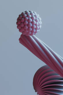 3D render of two spheres and cylinder floating against gray background - GCAF00355