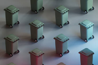 3D render of rows of wheeled garbage cans - GCAF00357