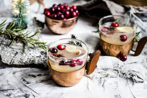 Becher mit Moscow-Mule-Getränk mit Preiselbeeren und Gewürzen auf dem Tisch - SBDF04647