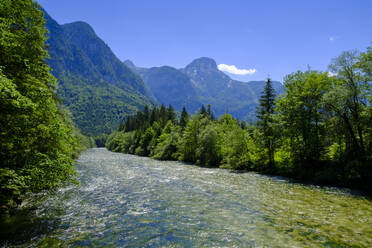 Österreich, Oberösterreich, Blick auf den Fluss Traun und die umliegenden Berge im Sommer - LBF03823