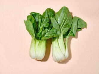 Bok choy cabbage in sunlight top view on warm beige background - ADSF44680