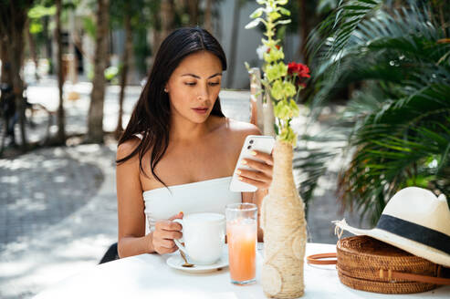 Concentrated young mixed race female in white top sitting at table with mug of hot beverage while messaging on mobile phone in outdoor cafe of Tulum - ADSF44749