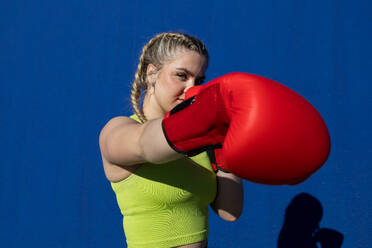 Strong young female boxer in sportswear stretching hand with boxing glove forward while looking at camera and standing in daylight against blue backdrop with shadow - ADSF45023