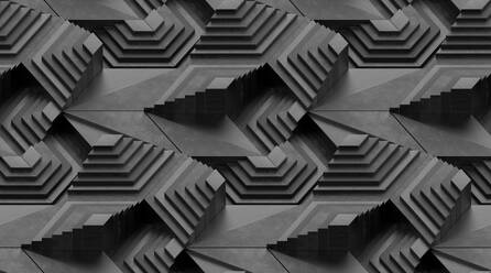 Full frame of abstract graphic 3d illustration of symmetrical repeating dark gray patterns of geometric shapes and lines with shadows - ADSF45034