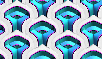Abstract 3d illustration of symmetrical repeating blue and pink gradient patterns with geometric shapes and lines overlapping white hexagon tiles - ADSF45035