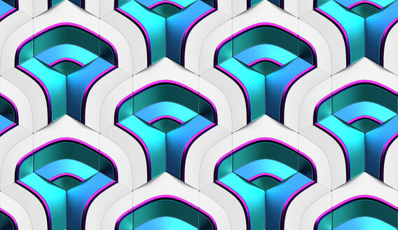 Abstract 3d illustration of symmetrical repeating blue and pink gradient patterns with geometric shapes and lines overlapping white hexagon tiles - ADSF45035