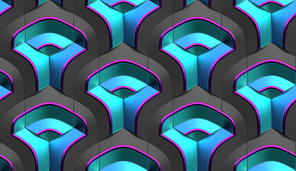 Abstract 3d illustration of symmetrical repeating blue and pink gradient patterns with geometric shapes and lines overlapping grey hexagon tiles - ADSF45036