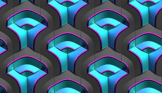 Abstract 3d illustration of symmetrical repeating blue and pink gradient patterns with geometric shapes and lines overlapping grey hexagon tiles - ADSF45036