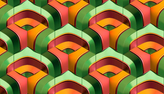 Abstract 3d illustration of symmetrical repeating orange and red gradient patterns with geometric shapes and lines overlapping green hexagon tiles - ADSF45038