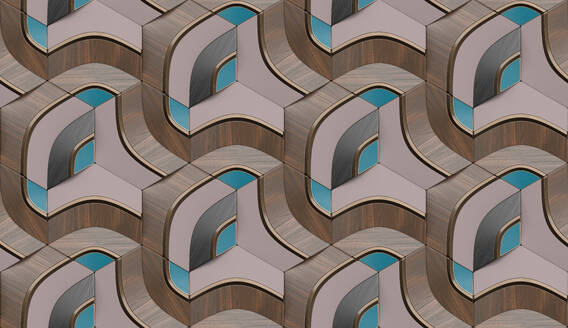 Abstract 3d illustration of symmetrical repeating blue and grey gradient patterns with geometric shapes and lines overlapping brown tiles - ADSF45039