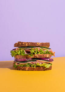 Delicious sandwich with tomatoes, cheese slices and fresh vegetables on colorful background - ADSF45061