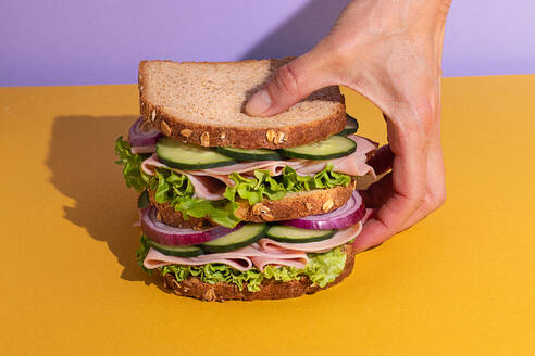 Cropped unrecognizable person holding delicious sandwich with tomatoes, cheese slices and fresh vegetables on colorful background - ADSF45062