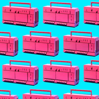 Pattern of set of similar pink retro tape recorder against blue backdrop as abstract background - ADSF45205