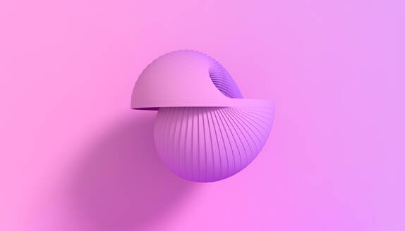 Abstract 3d illustration of pink sphere changing geometric shapes and curving in endless loop of lines with violet shadows against gradient background - ADSF45212