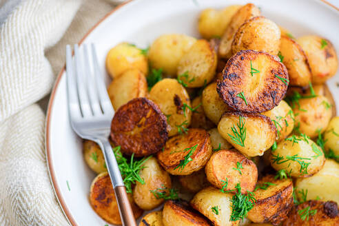 Roasted spring potato with fresh dill herb and raw vegetable salad served in the bowl - ADSF45247