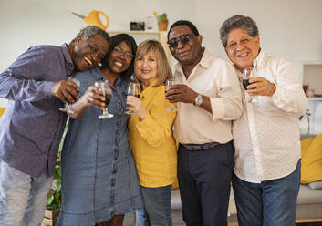 Happy multi-cultural senior friends holding wineglasses standing at home - JCCMF10646