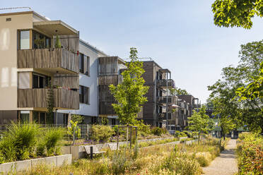Germany, Baden-Wurttemberg, Ludwigsburg, Balconies of modern suburban apartments - WDF07348