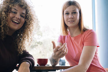 Lächelnde Freunde sitzen zusammen am Tisch in einem Cafe - AMWF01649