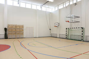 Indoor-Basketballplatz in einer Schule: Holzboden und markiertes Spielfeld, ein Korb und ein Backboard. - MINF16639