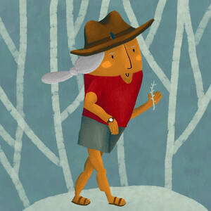 Creative illustration of cartoon peaceful senior female in hat with gray hair walking in forest with flower in hands while looking away - ADSF45604