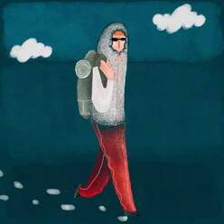 Creative illustration of peaceful male traveler in hood and sunglasses with backpack trekking in darkness against clouds - ADSF45619