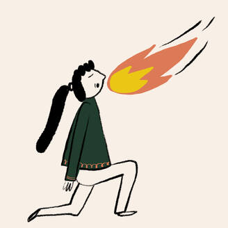 Simple drawing of girl with black hair blowing orange fire on white background - ADSF45625